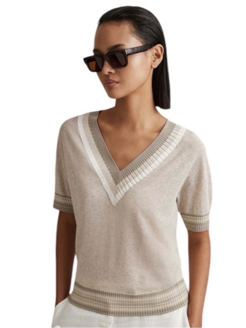 Reiss - Sadie Cotton Blend Marled V-Neck Short Sleeve Sweater Top Blouse Small
